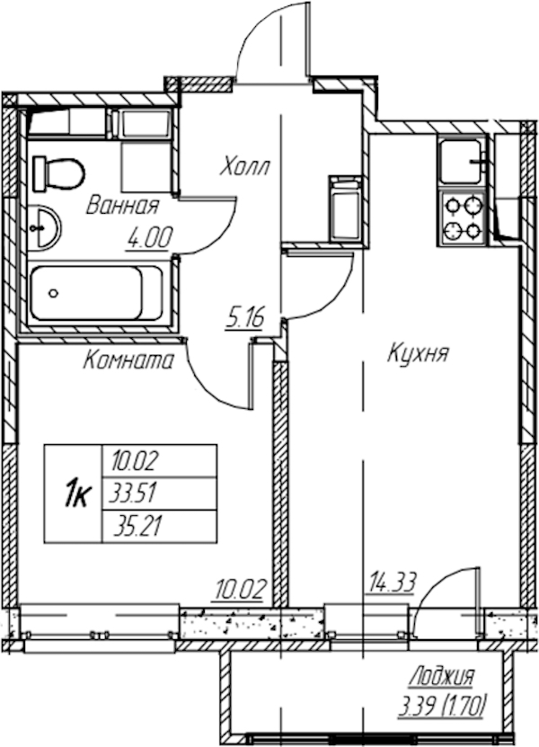 1-комнатная квартира 35.21 м², 4/22 эт., ЖК «Парк-квартал Юнтолово»